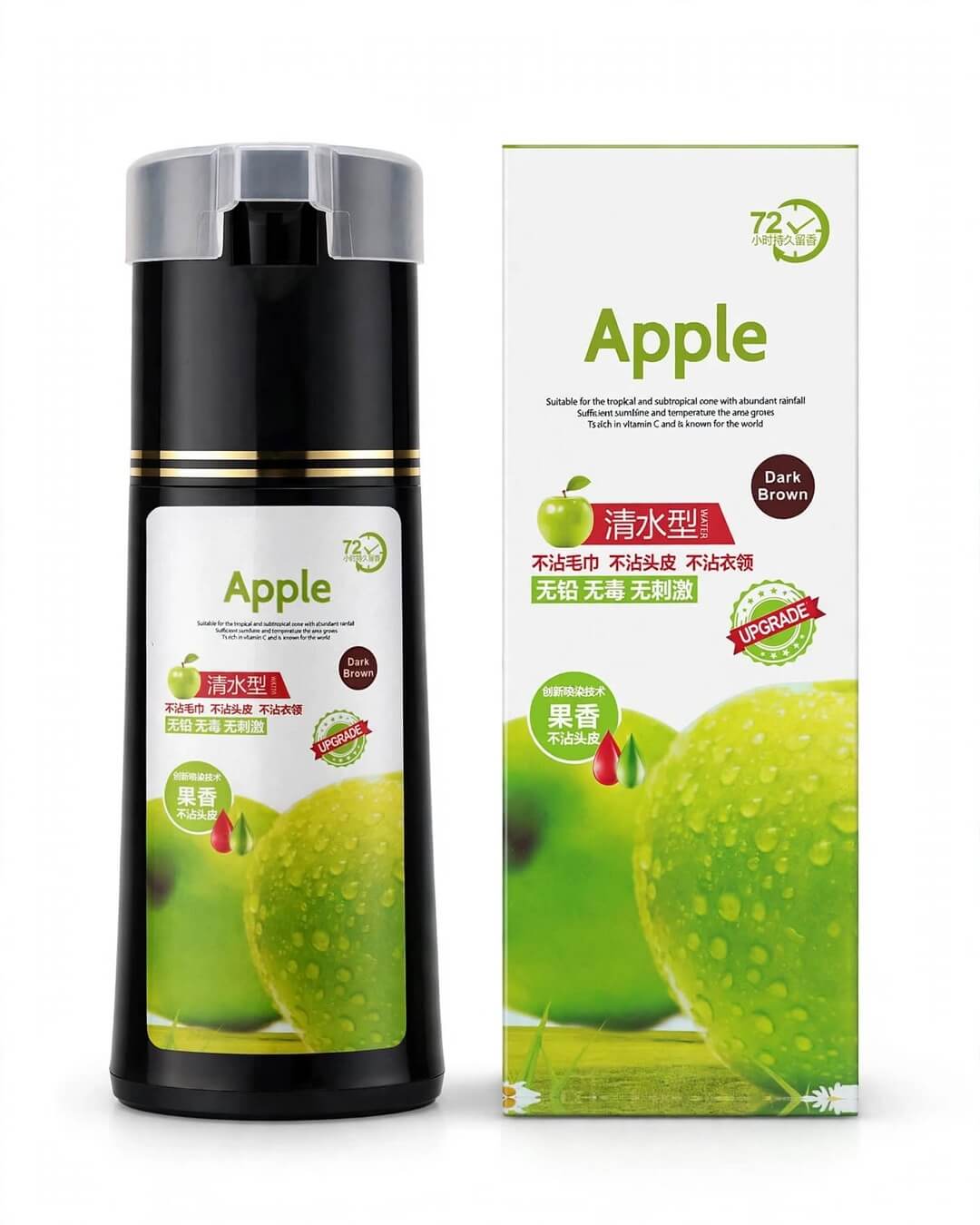 Apple dark brown hair color shampoo 200ml hero bottle and box, 3 in 1 ammonia free 100% grey coverage, no stain towel scalp, for men women beard mustache Pakistan