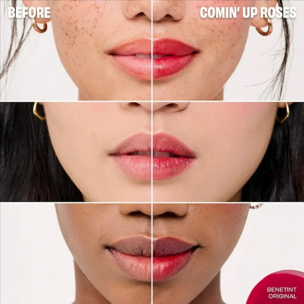 Benetint lip stain before and after comparison – buildable rosy color for lips and cheeks by Benefit Cosmetics