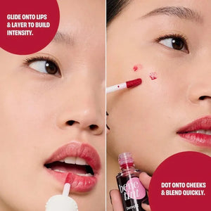 Benetint Rose-Tinted Stain close-up application on lips – lightweight water-based tint for natural rosy finish