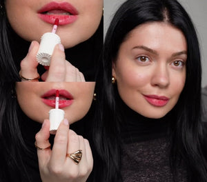 Benetint Rose-Tinted Lip & Cheek Stain split-screen showing model applying rosy tint on lips – smudge-proof formula