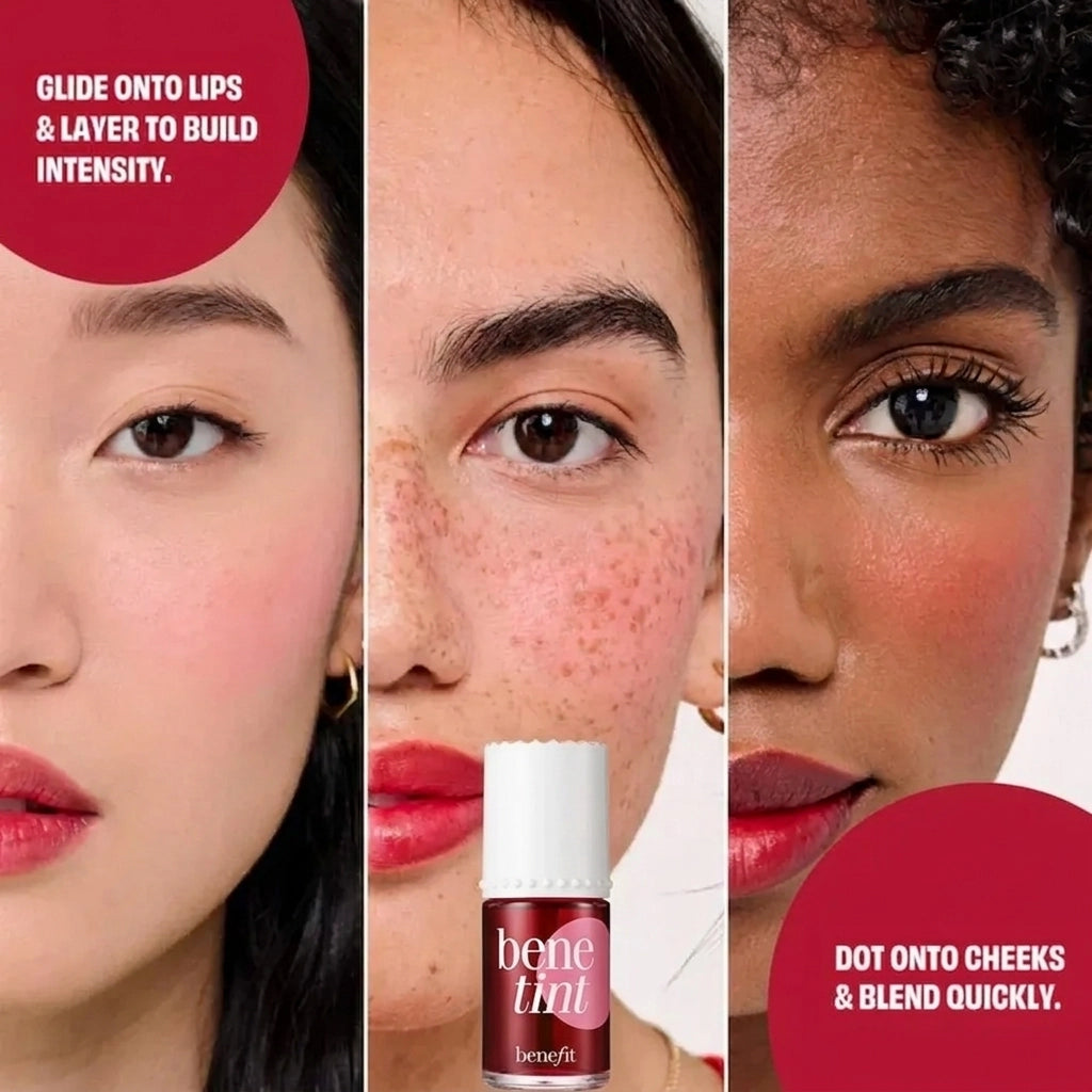 Benetint lip and cheek stain application collage – glide onto lips and layer to build intensity for a rosy flush