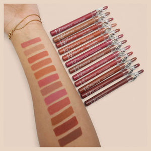 Flormar 12 pcs Matte Color Lipstick Lip Liner set with clear sharpener caps No 401-412 - arm swatches showing nude brown pink red shades - long lasting waterproof matte lip liners Pakistan
