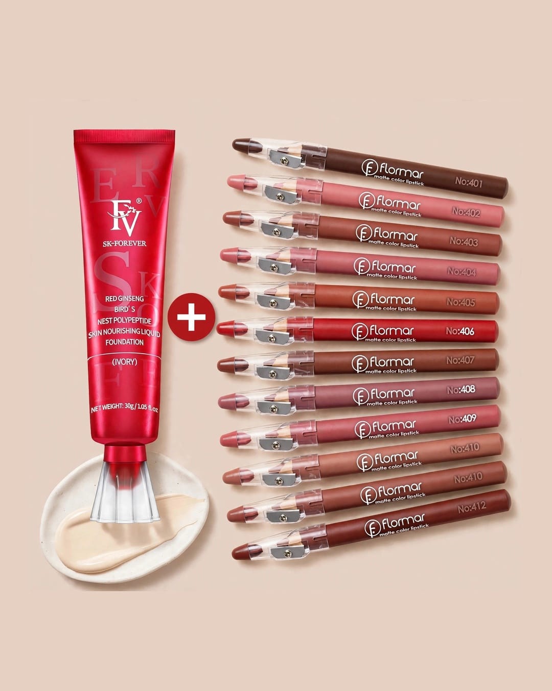 Flawless Base & Matte Lips Combo - FV Ivory Foundation + 12 Flormar Matte Lip Liners