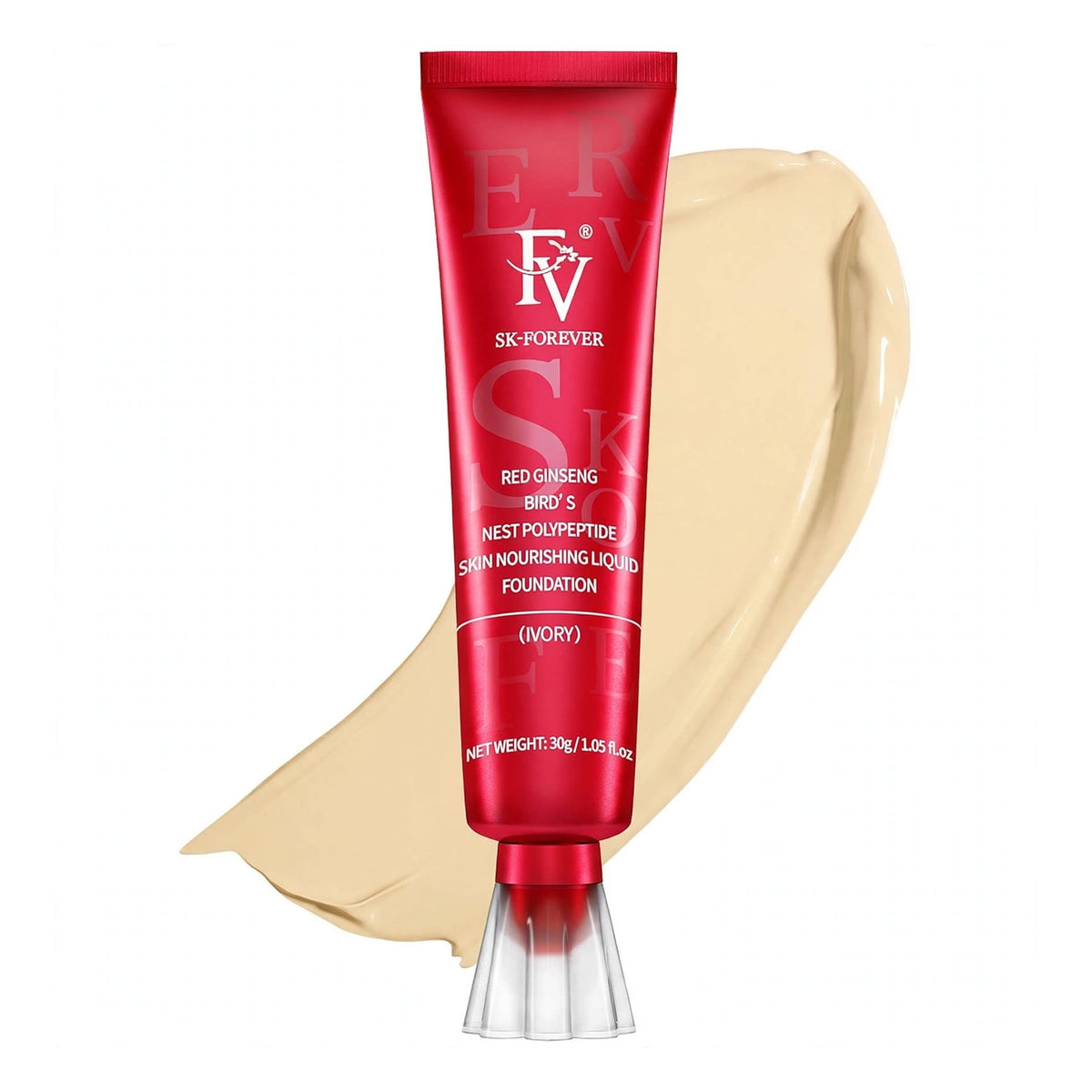 FV SK-FOREVER Red Ginseng Birds Nest Polypeptide Skin Nourishing Liquid Foundation in Ivory shade 30g - clear diamond crown cap tube with ivory foundation texture smear on white - full coverage waterproof nourishing liquid foundation

