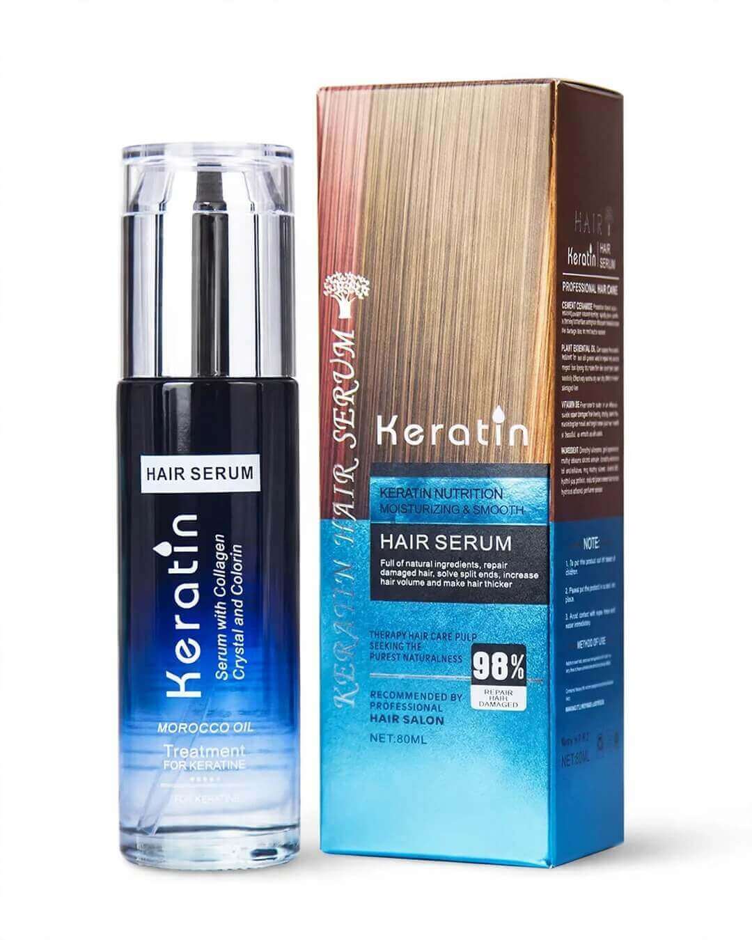 Keratin Hair Serum 80ml bottle with retail box packaging, Morocco Oil treatment with Collagen Crystal and Colorin