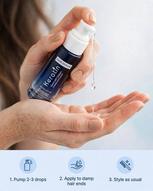 How to use Keratin Hair Serum: pump 2–3 drops, apply to damp hair ends, and style as usual