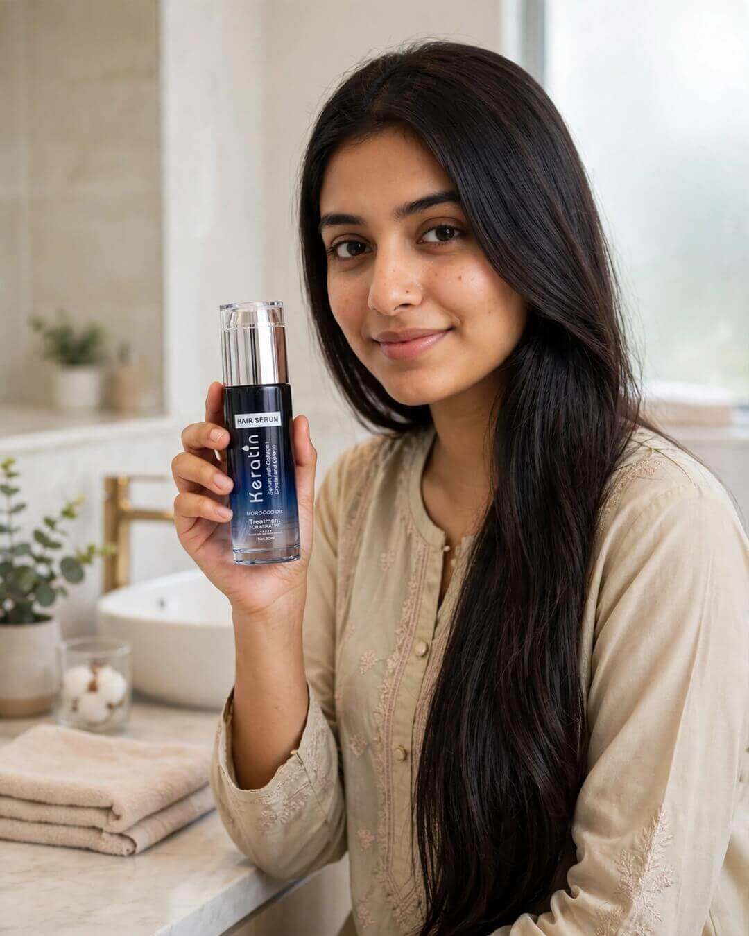 Woman with long shiny hair holding Keratin Hair Serum 80ml bottle