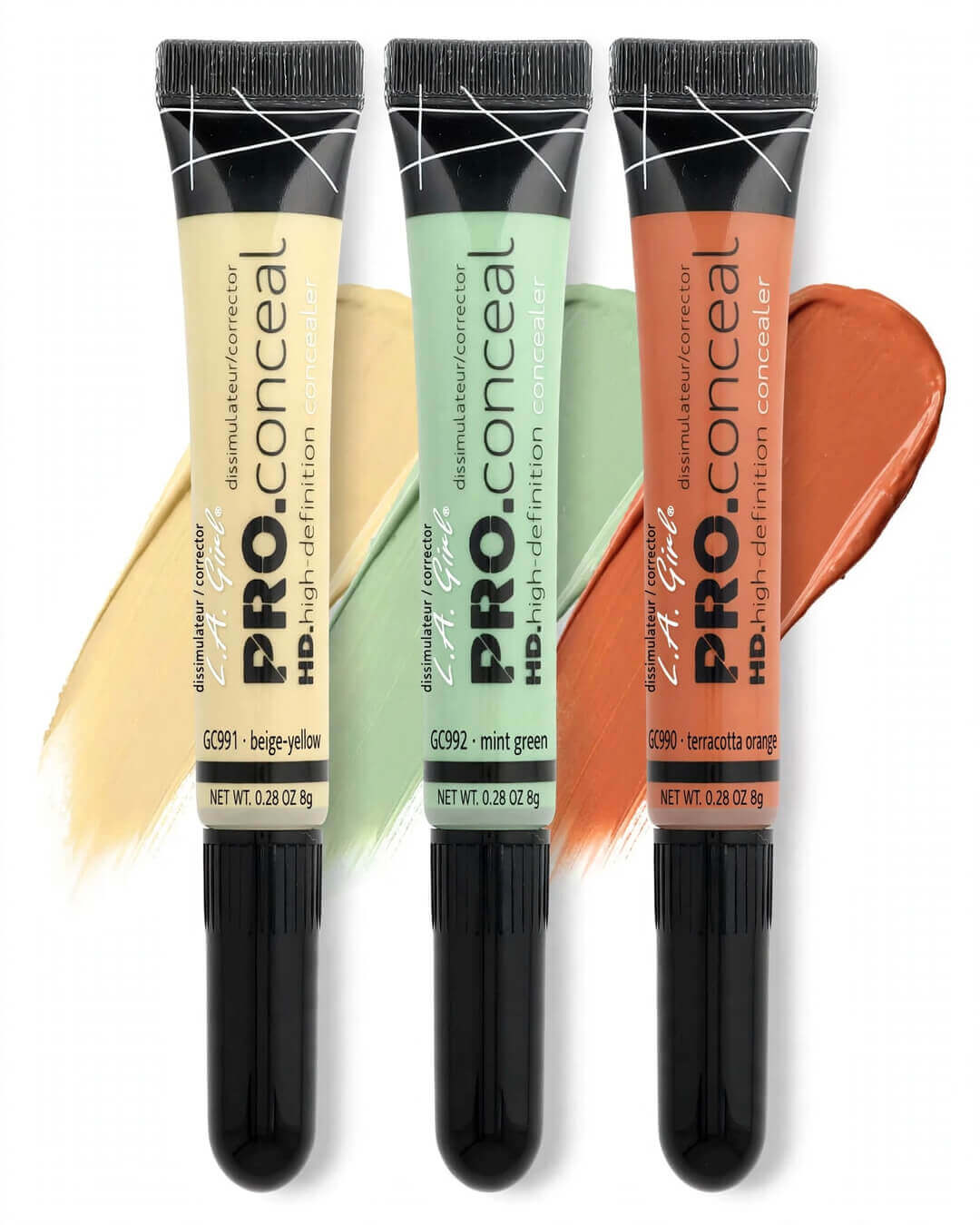 LA Girl HD Pro Conceal Combo Pack of 3 - GC991 Yellow GC992 Green GC990 Orange Correctors closed tubes hero with swatches - Best original color corrector trio for medium to deep skin tones Pakistan, HD high-definition concealer 3x0.28 oz 8g neutralizes blue violet undertones redness dark spots illuminates dark circles, top rated yellow green orange combo Pakistan cruelty-free fragrance-free high coverage