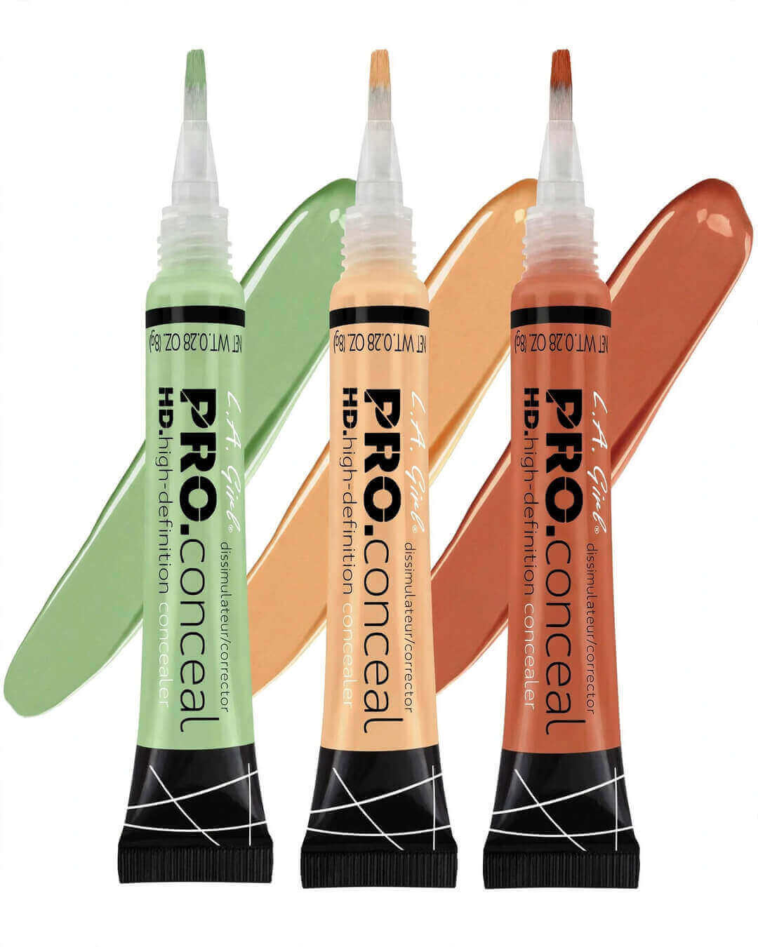 LA Girl HD Pro Conceal Combo Pack of 3 open tubes with brush-tip applicators and creamy swatches - HD high-definition yellow green orange concealers for medium to deep skin tones Pakistan, GC991 beige-yellow GC992 mint green GC990 terracotta orange, lightweight creamy texture neutralizes blue violet undertones redness dark spots illuminates dark circles, crease-resistant long-wearing high coverage trio, built-in precision brush-tip applicator cruelty-free