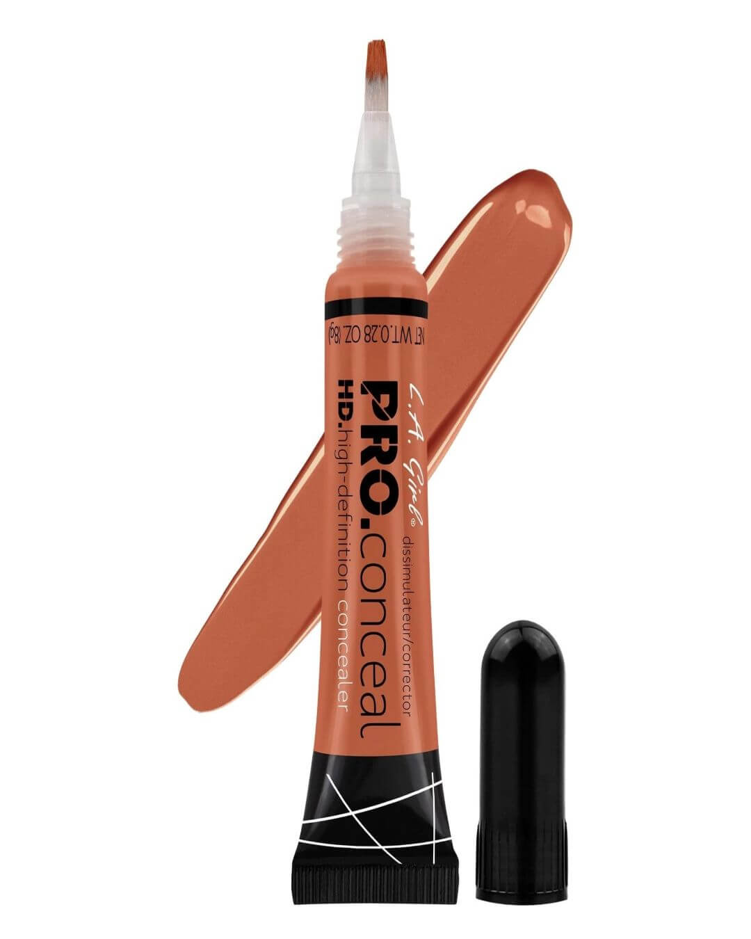 LA Girl HD Pro Conceal GC990 Orange Corrector open tube with brush-tip applicator and creamy orange swatch - HD high-definition orange concealer for medium to deep skin tones in Pakistan, lightweight texture neutralizes dark spots and dark circles, long-wearing crease-resistant high coverage concealer