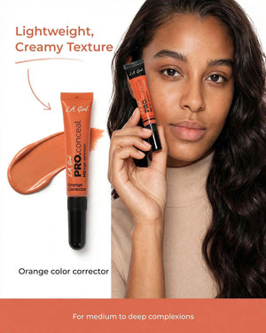 LA Girl HD Pro Conceal GC990 Orange Corrector for medium to deep skin tones in Pakistan - Pakistani modest model holding orange color corrector with lightweight creamy texture, neutralizes dark spots and dark circles, high coverage crease-resistant concealer, high-neck modest wear