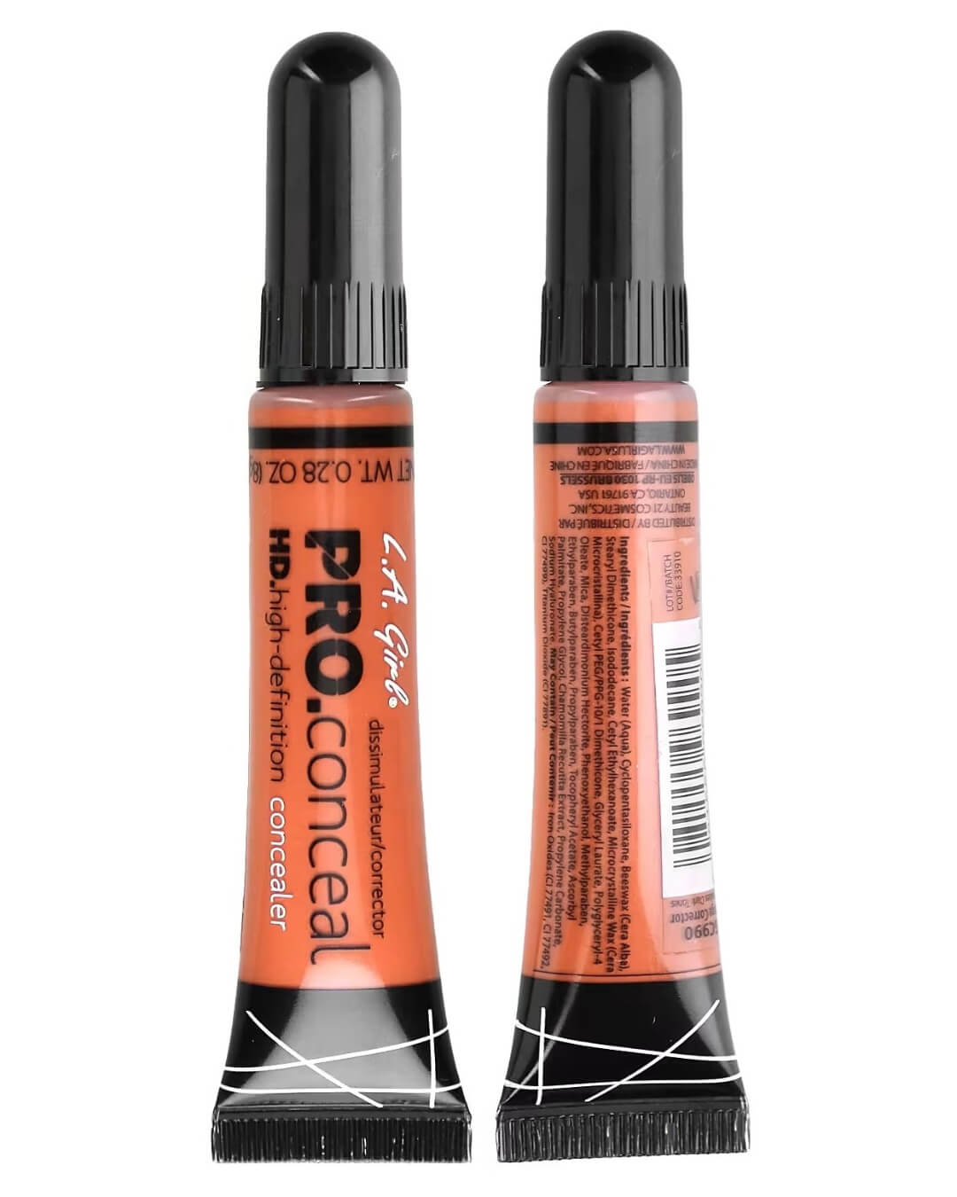 LA Girl HD Pro Conceal GC990 Orange Corrector front and back tube showing ingredients list and barcode - Original authentic LA Girl Orange Corrector 0.28 oz 8g for Pakistan, HD high-definition concealer cruelty-free fragrance-free ingredients, PRO.conceal HD.high-definition concealer