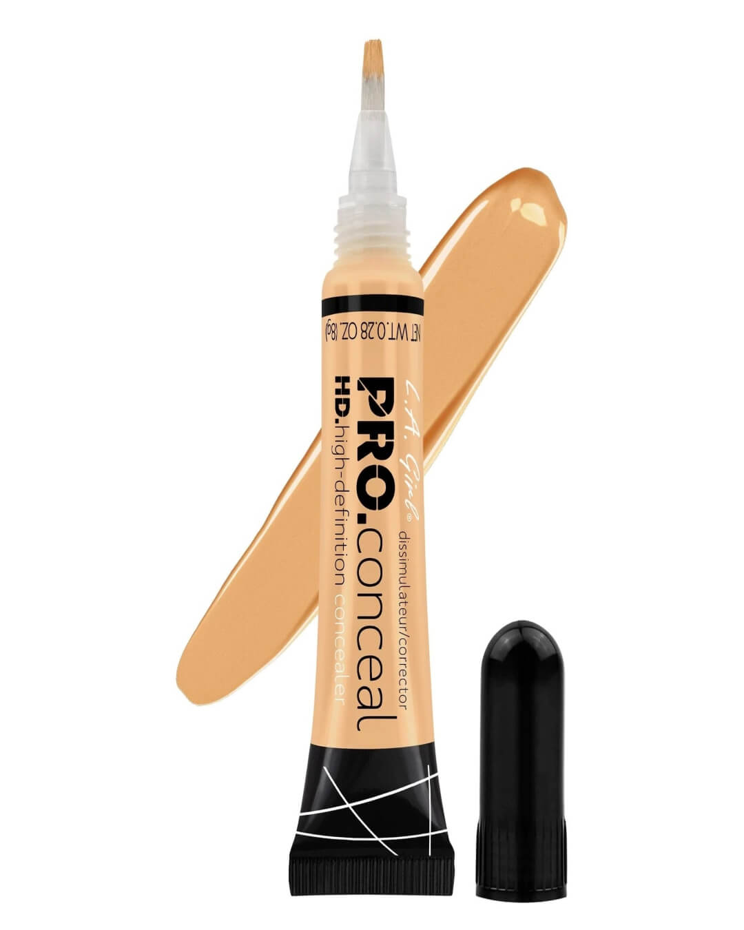 LA Girl HD Pro Conceal GC991 Yellow Corrector open tube with brush-tip applicator and creamy beige-yellow swatch - HD high-definition yellow concealer for medium to deep skin tones in Pakistan, corrects dullness blue violet undertones brightens dark circles illuminates under-eye, lightweight creamy texture crease-resistant long-wearing high coverage opaque formula, best yellow color corrector Pakistan cruelty-free fragrance-free
