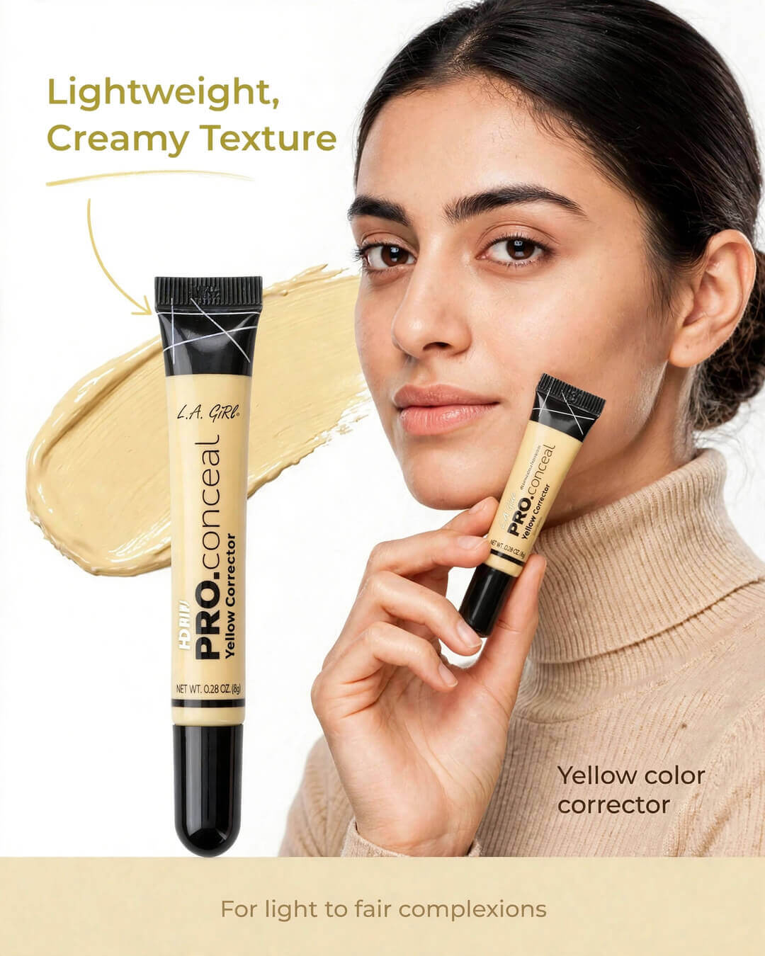 LA Girl HD Pro Conceal GC991 Yellow Corrector for medium to deep skin tones in Pakistan - Pakistani fair model in modest high-neck beige turtleneck holding yellow color corrector with lightweight creamy texture, corrects dullness blue violet undertones brightens dark circles illuminates under-eye area, high coverage conservative Meta compliant concealer Pakistan, best yellow corrector for medium deep skin Pakistan
