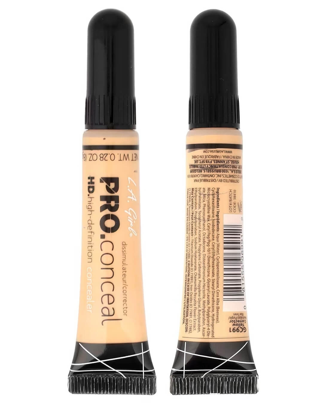 LA Girl HD Pro Conceal GC991 Yellow Corrector front and back tube showing ingredients list and barcode LOT and NET WT 0.28 OZ 8g - Original authentic LA Girl Yellow Corrector for Pakistan, HD high-definition concealer cruelty-free fragrance-free ingredients list Water Cyclopentasiloxane Beeswax, PRO.conceal dissimulateur corrector authentic original Pakistan GC991 beige-yellow