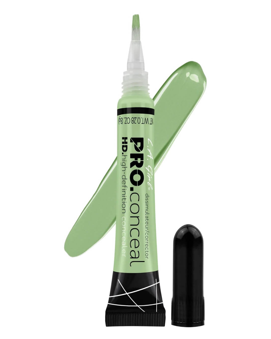 LA Girl HD Pro Conceal GC992 Green Corrector open tube with brush-tip applicator and creamy mint green swatch - HD high-definition green concealer for medium to deep skin tones in Pakistan, neutralizes redness acne blemishes pimples inflammation and rosacea, lightweight creamy texture crease-resistant long-wearing high coverage opaque formula, best green color corrector Pakistan