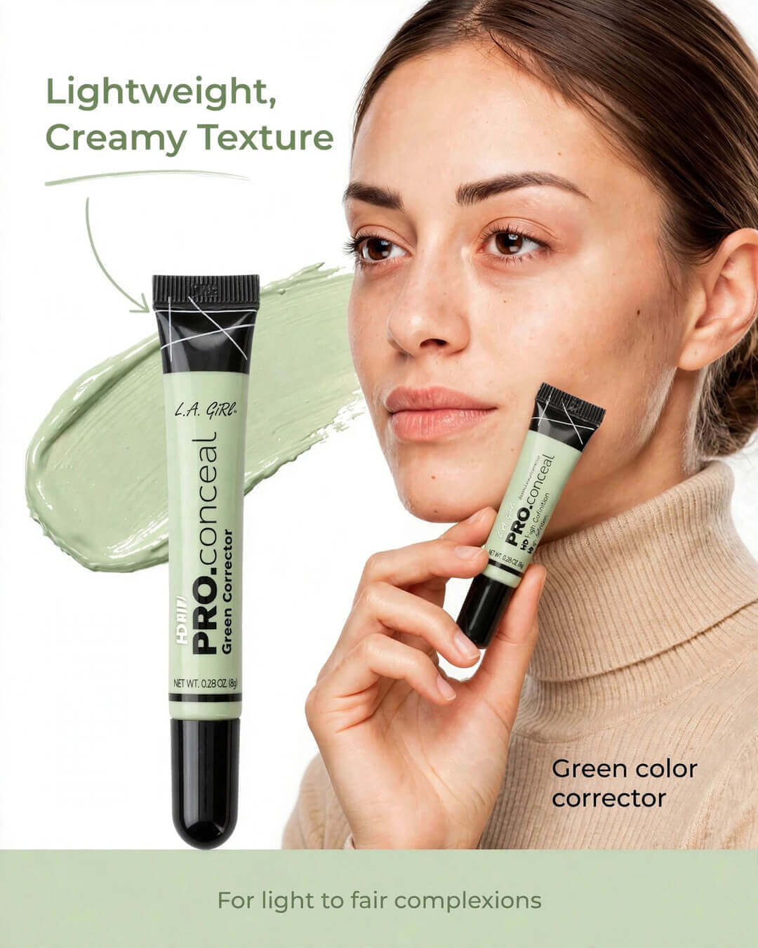 LA Girl HD Pro Conceal GC992 Green Corrector for light to fair complexions in Pakistan - Pakistani fair model in modest high-neck beige turtleneck holding green color corrector with lightweight creamy texture, neutralizes redness acne blemishes and rosacea, high coverage crease-resistant long-wearing conservative Meta compliant concealer Pakistan, best green corrector for fair skin Pakistan