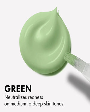 LA Girl GC992 Green Corrector creamy dollop swatch texture with brush applicator - Close-up of LA Girl HD Pro Conceal Green Corrector mint green dollop showing rich creamy pigment that neutralizes redness on medium to deep skin tones in Pakistan, opaque lightweight coverage GREEN text Neutralizes redness on medium to deep skin tones, best green swatch Pakistan