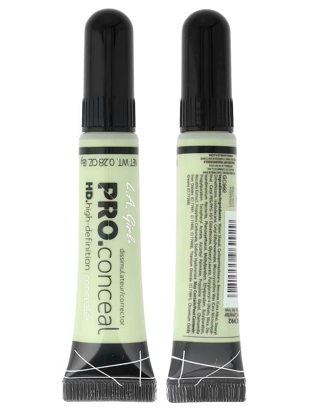 LA Girl HD Pro Conceal GC992 Green Corrector front and back tube showing ingredients list barcode LOT 39867 and NET WT 0.28 OZ 8g - Original authentic LA Girl Green Corrector for Pakistan, HD high-definition concealer cruelty-free fragrance-free ingredients list Water Cyclopentasiloxane Beeswax Chamomilla Titanium Dioxide, PRO.conceal dissimulateur corrector authentic Pakistan