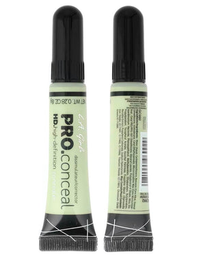 LA Girl HD Pro Conceal GC992 Green Corrector front and back tube showing ingredients list barcode LOT 39867 and NET WT 0.28 OZ 8g - Original authentic LA Girl Green Corrector for Pakistan, HD high-definition concealer cruelty-free fragrance-free ingredients list Water Cyclopentasiloxane Beeswax Chamomilla Titanium Dioxide, PRO.conceal dissimulateur corrector authentic Pakistan