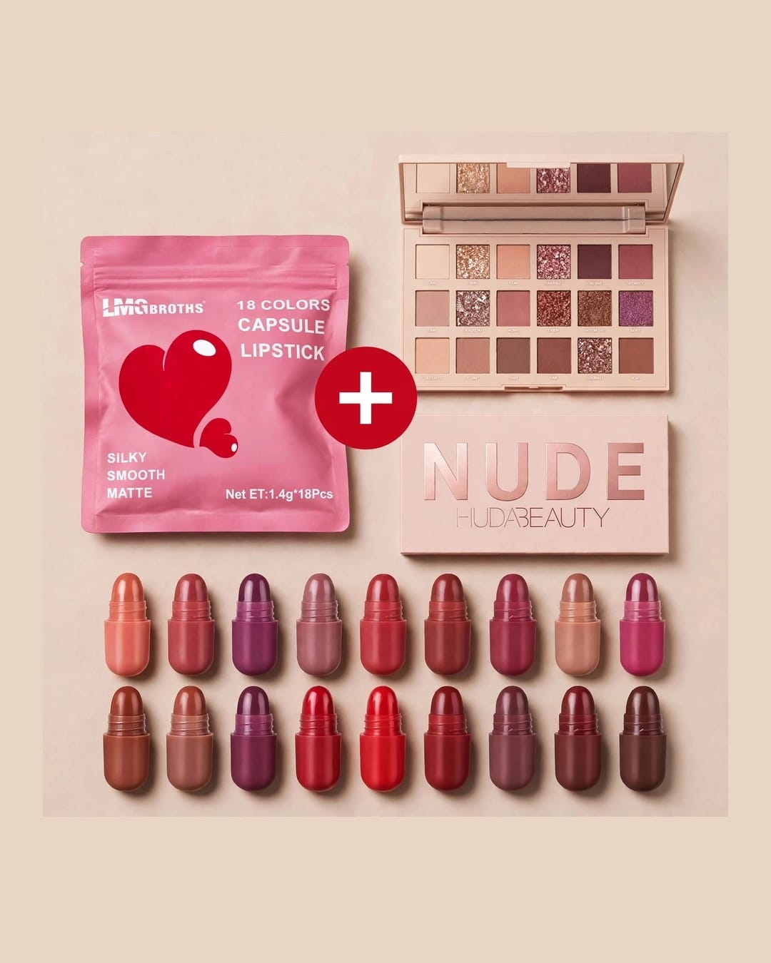 2-in-1 Glam Combo - 18 Pcs Capsule Lipstick + Nude Eyeshadow Palette - Matte & Glitter