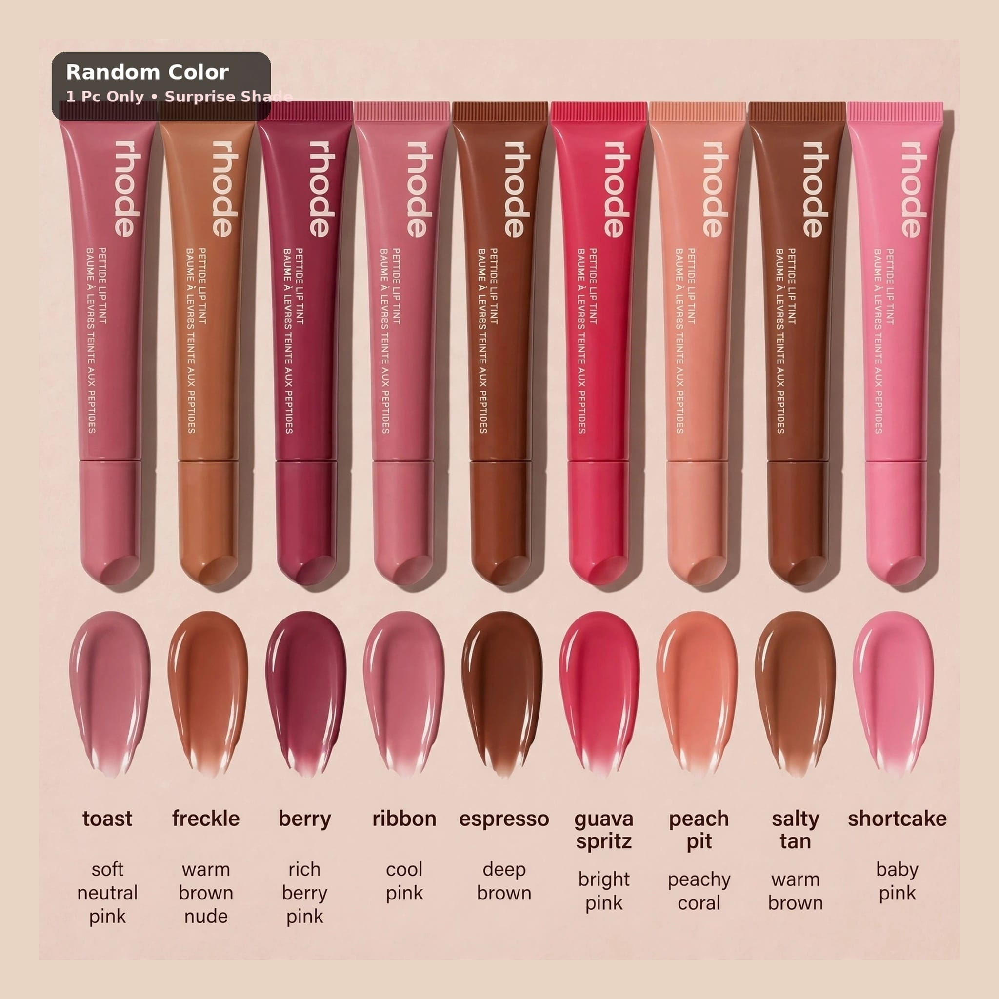 Rhode Peptide Lip Tint random color 9 shades tubes swatches chart Toast Espresso Raspberry Jelly Berry Pakistan
