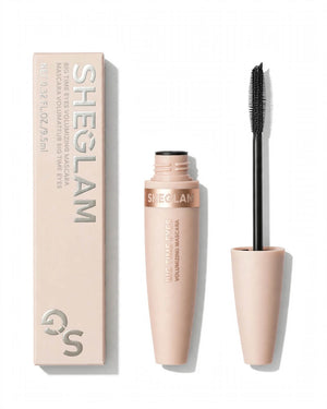 SHEGLAM Big Time Eyes Volumizing Mascara hero image with box, open tube and wand on pure white background - original washable black mascara in Pakistan