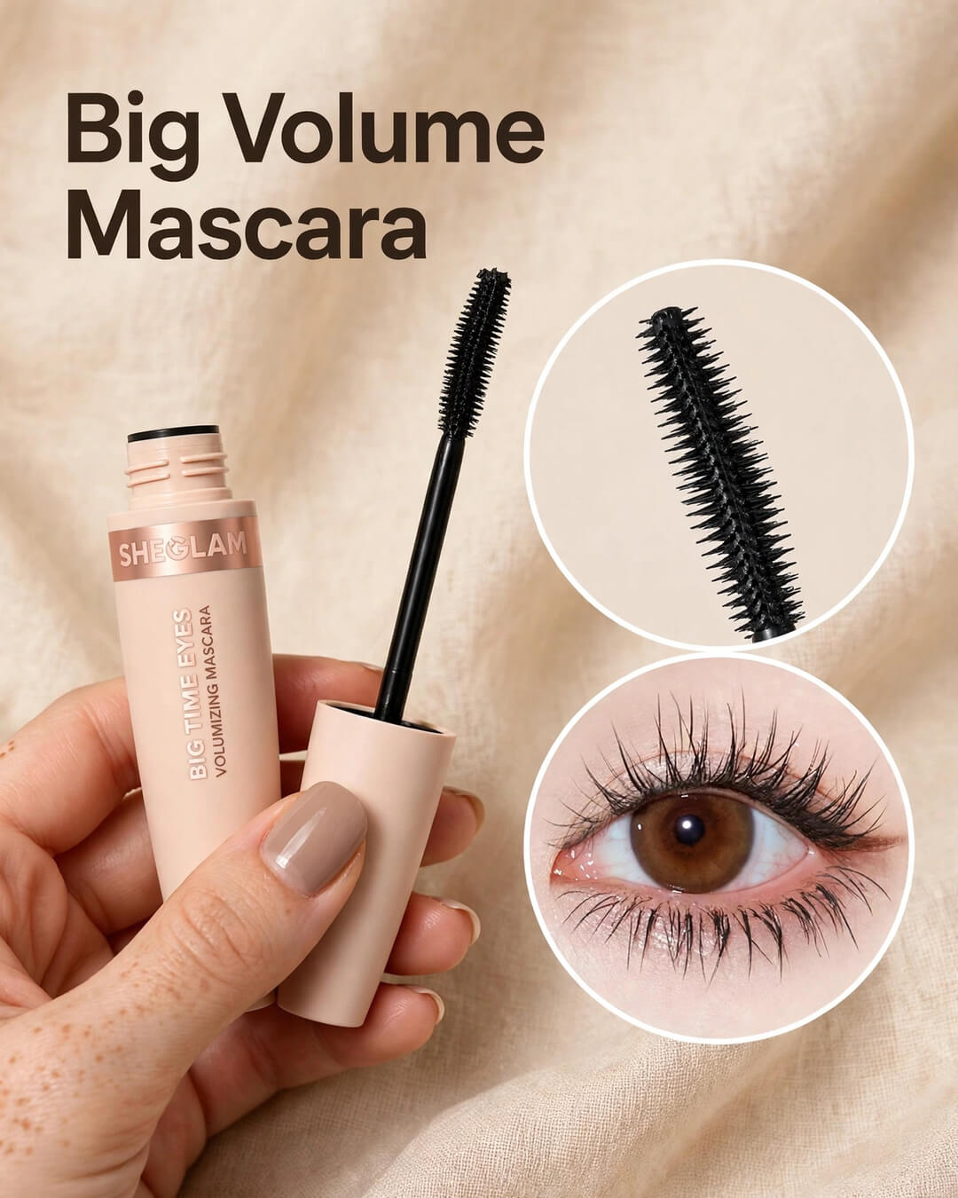 Hand holding SHEGLAM Big Time Eyes Volumizing Mascara with olive brush close-up and eye lash volume result inset