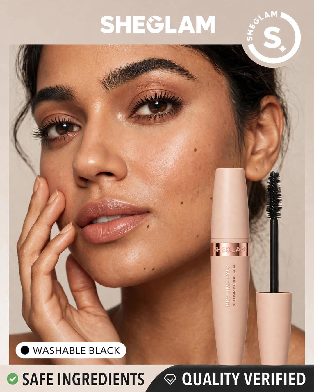 Pakistani model showing SHEGLAM Big Time Eyes Volumizing Mascara result - washable black, safe ingredients, quality verified volumized lashes