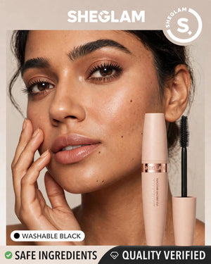 Pakistani model showing SHEGLAM Big Time Eyes Volumizing Mascara result - washable black, safe ingredients, quality verified volumized lashes