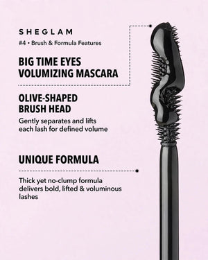 SHEGLAM Big Time Eyes Volumizing Mascara olive-shaped brush head and unique no-clump thick formula for bold lifted lashes