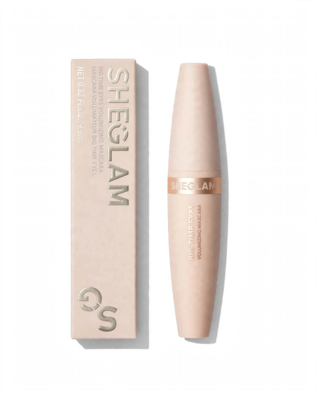 SHEGLAM Big Time Eyes Volumizing Mascara with box and closed tube 0.32 FL.OZ 9.5ml - nude packaging front view