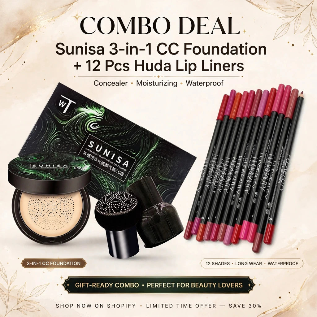 2-in-1 Glam Combo - Sunisa 3-in-1 Air Cushion CC Foundation + 12 Pcs Huda Beauty Lip Liners