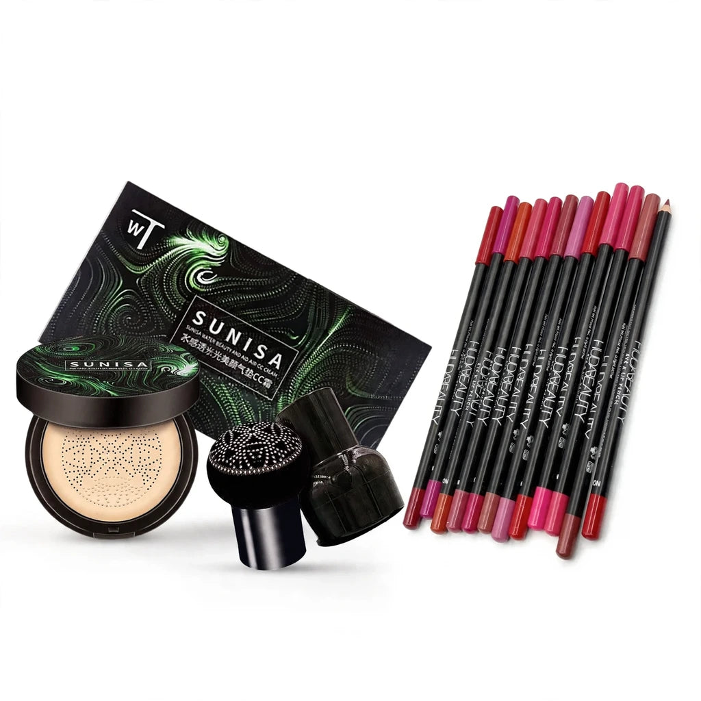 2-in-1 Glam Combo - Sunisa 3-in-1 Air Cushion CC Foundation + 12 Pcs Huda Beauty Lip Liners